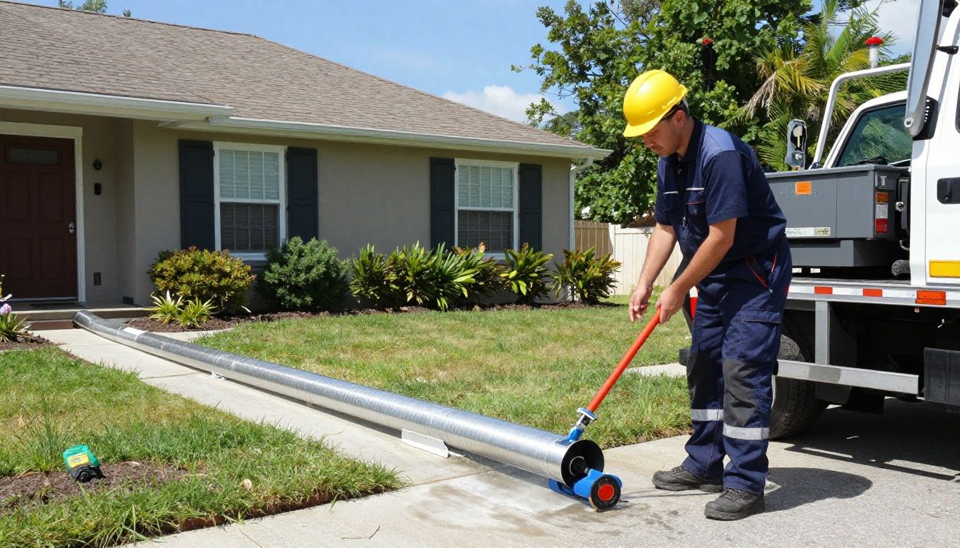 A professional technician using state-of-the-art truck-mounted equipment to clean residential air ducts in a suburban home, illustrating high-quality care