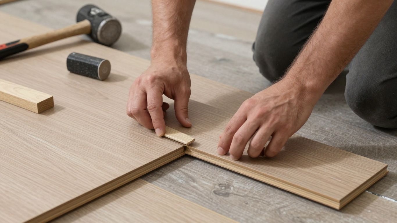 Hands installing laminate flooring planks