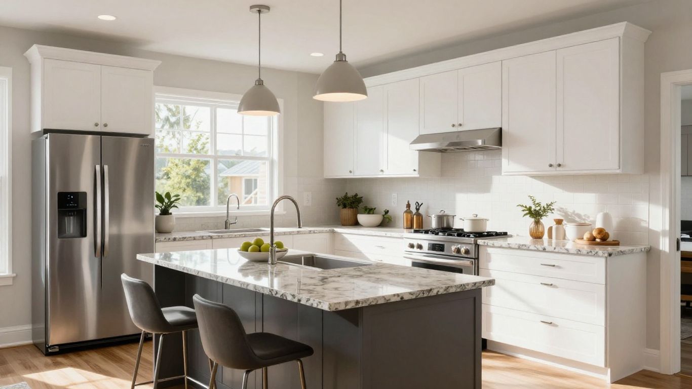 Modern Dacula kitchen with white cabinets and island.