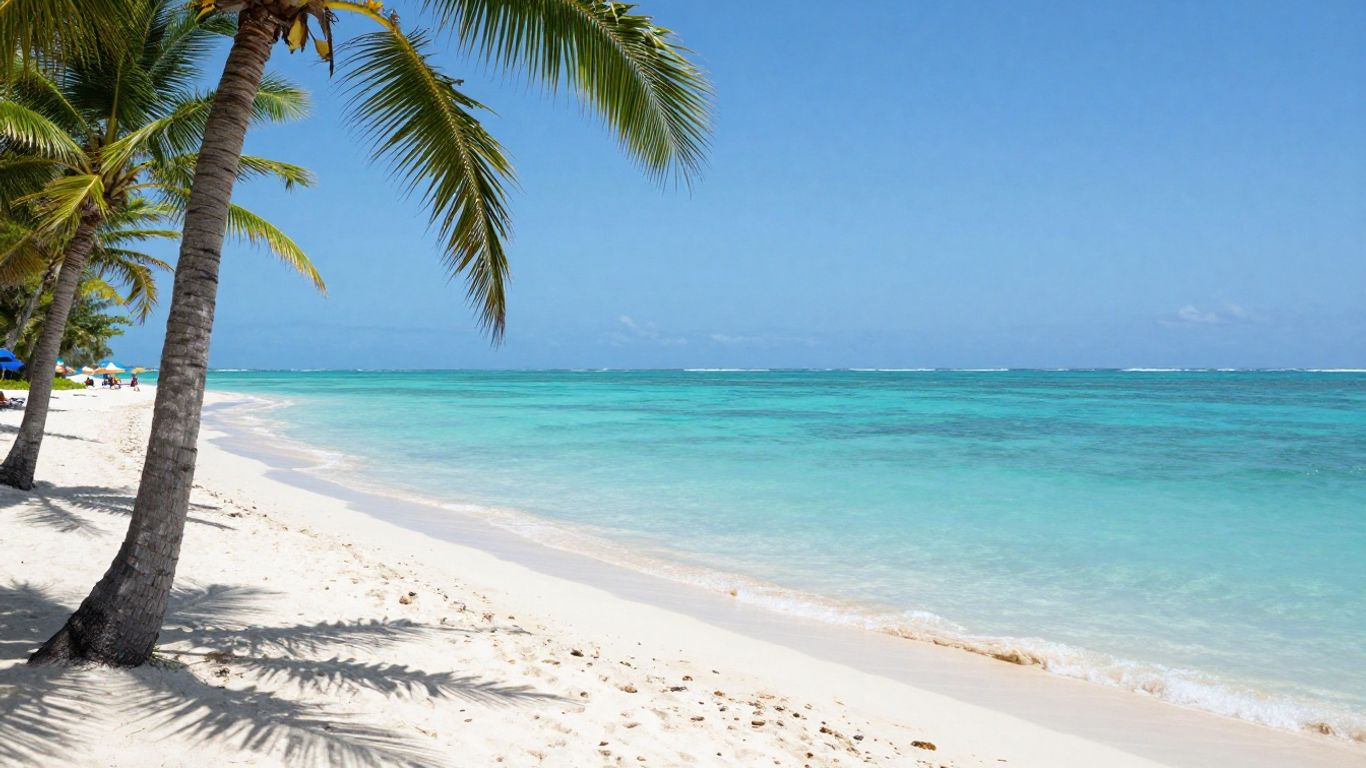 Tropical beach with palm trees and clear blue water.