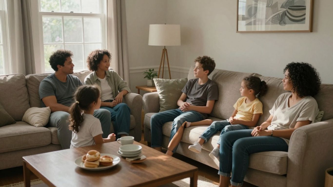 Familia feliz en casa, protegida y segura.