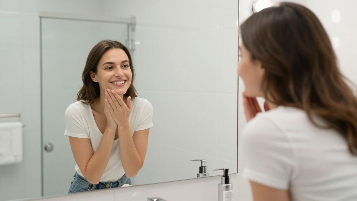 A refined, smiling reflection in a brightly lit mirror