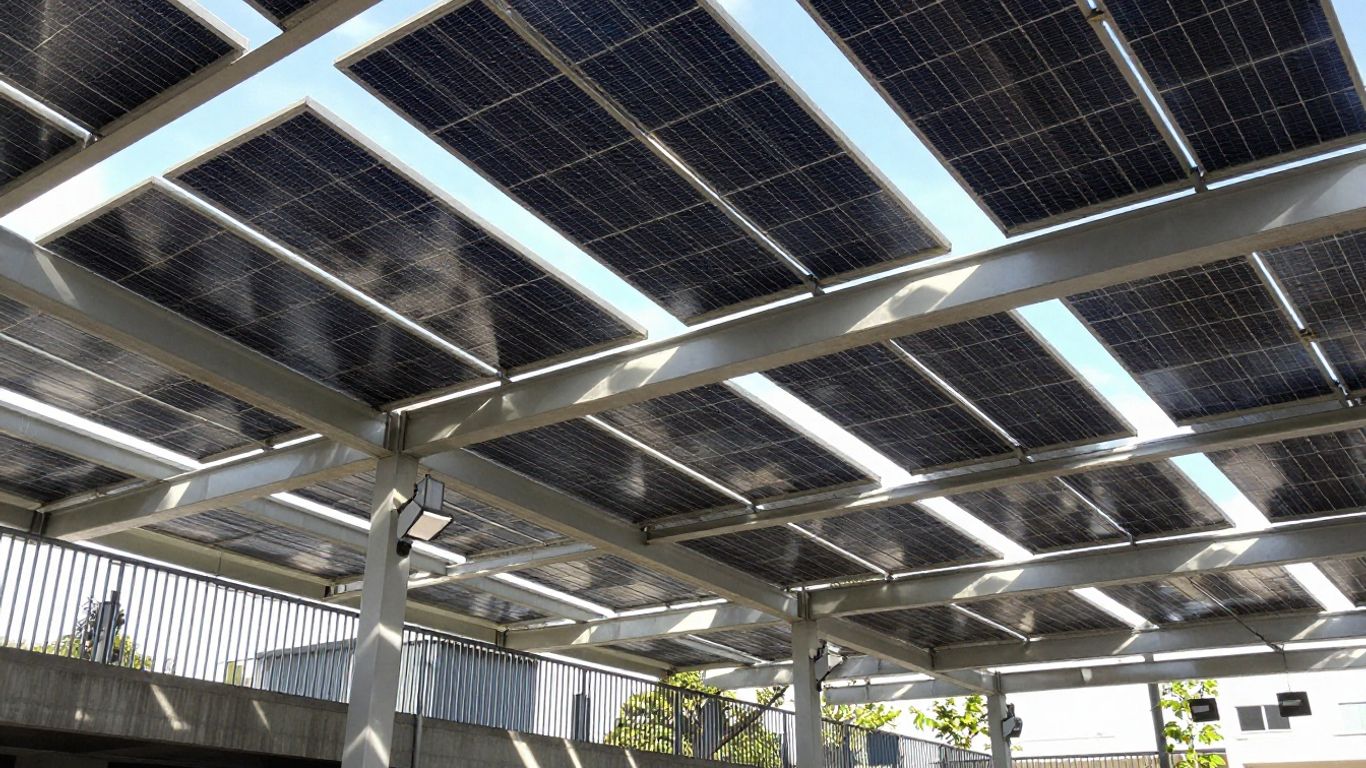 Carports with solar panels under the sun.