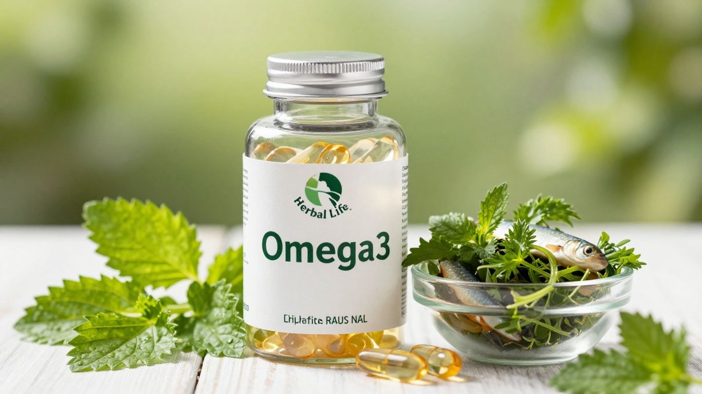 Herbal Life Omega 3 bottle with herbs and fish.
