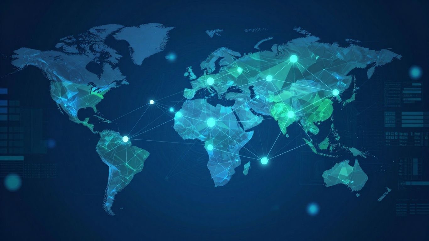 Digital network with interconnected nodes and futuristic geometric shapes.