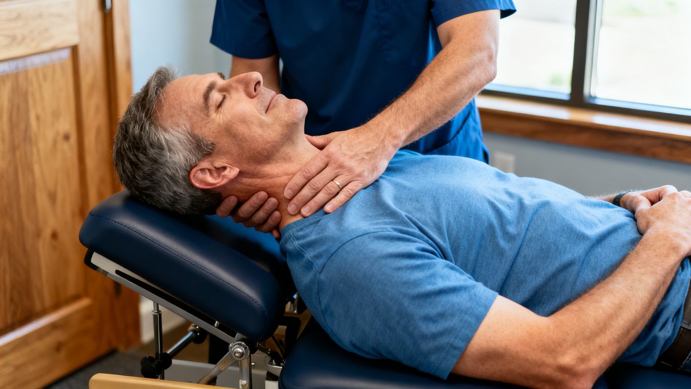 Chiropractor guiding neck and shoulder mobility