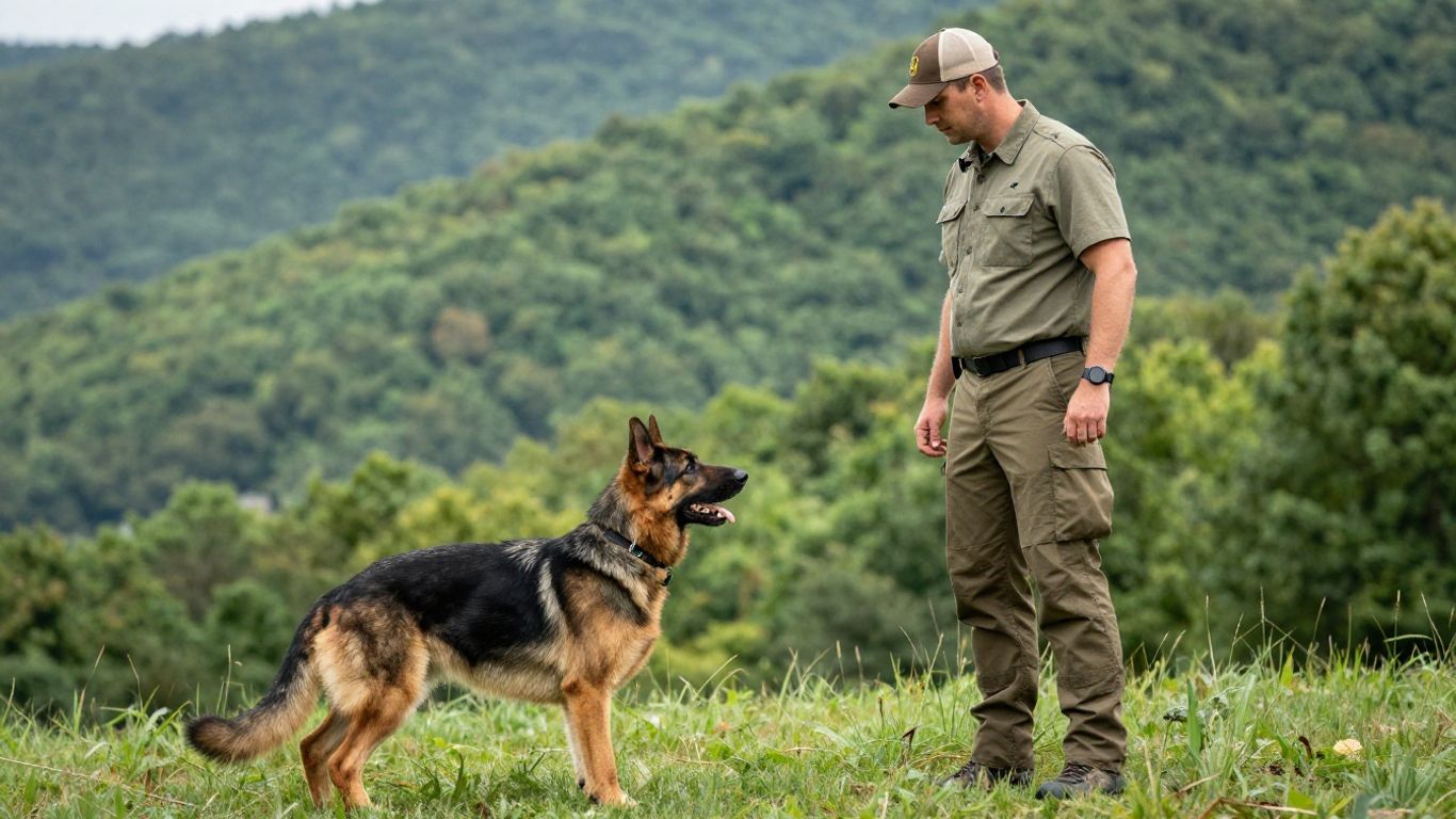 Dog and handler training outdoors in a natural setting.