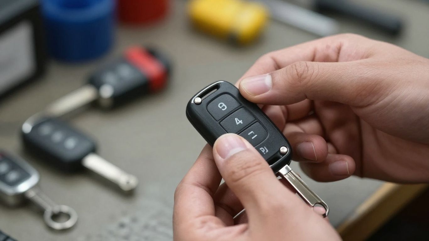 Locksmith programming a car key fob with a tool.