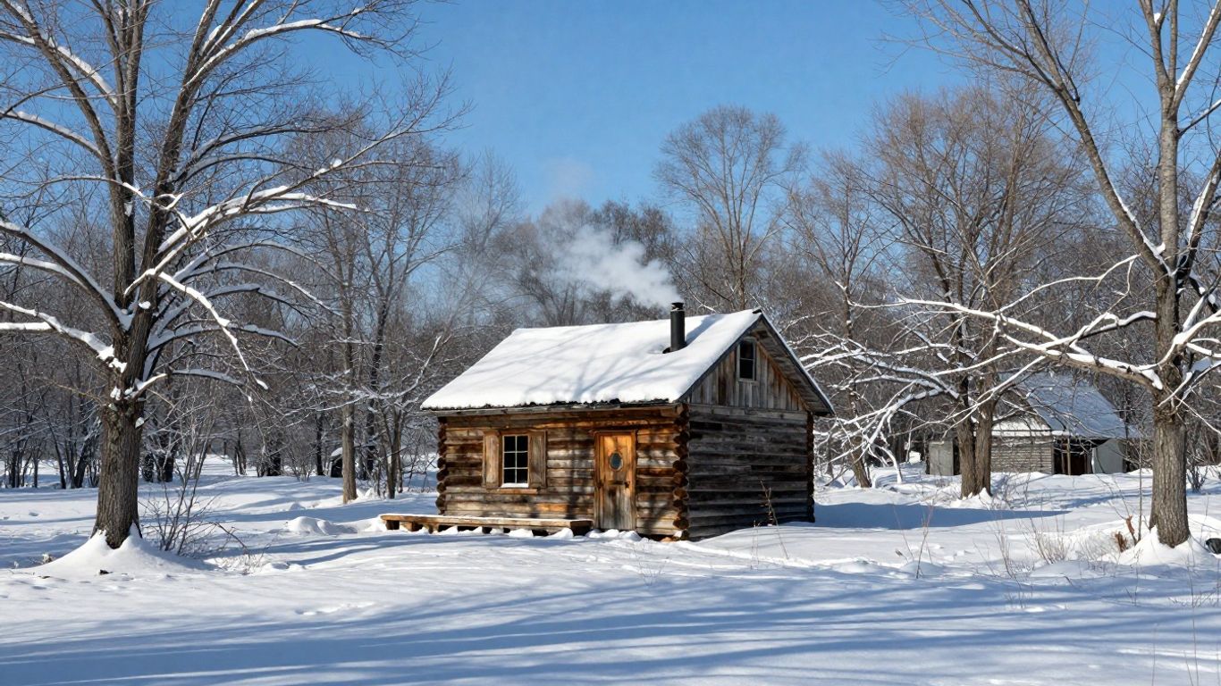 North Dakota off-grid cabin in snowy landscape