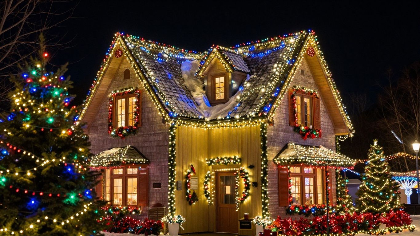 Professionally installed Christmas lights on a house.