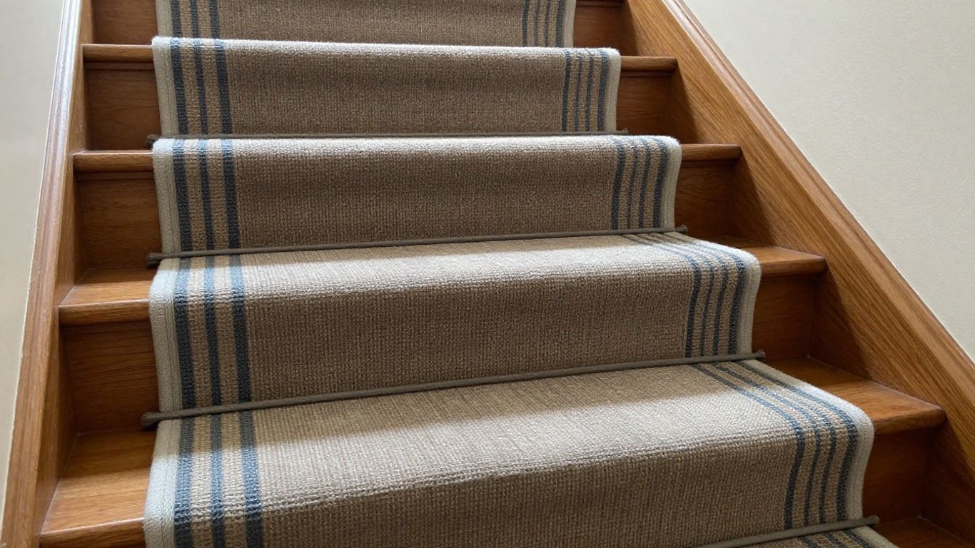 Newly installed patterned stair runner on a wooden staircase.