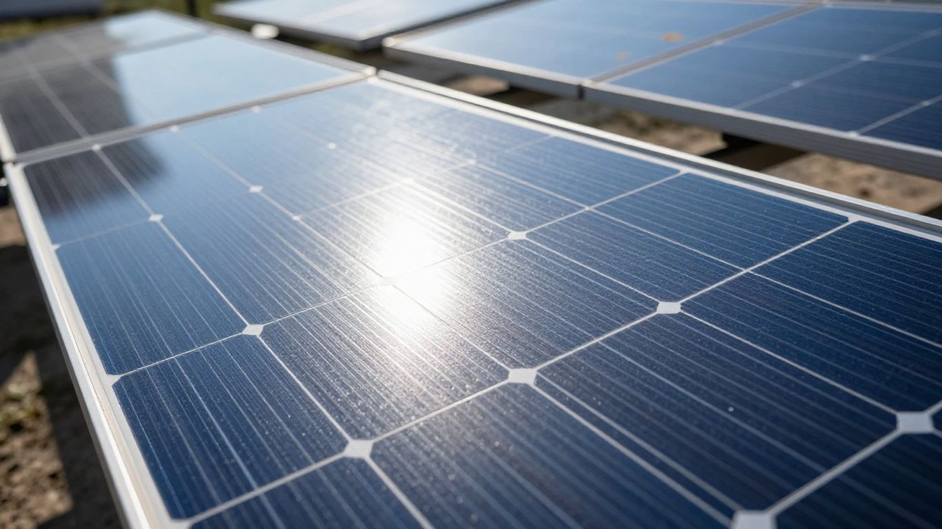 Panneau solaire propre reflétant le ciel bleu, la lumière du soleil scintillant.