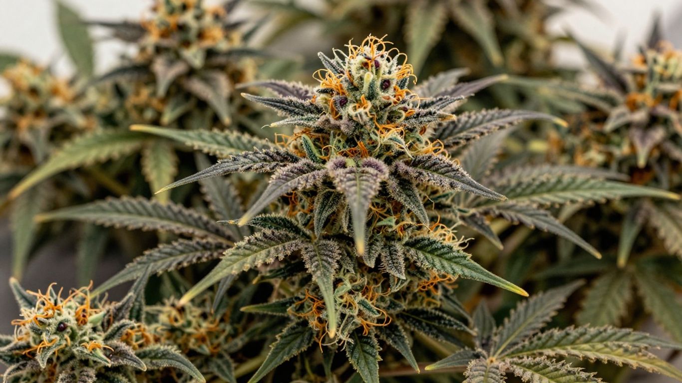 Purple Kush cannabis bud with purple and green hues.