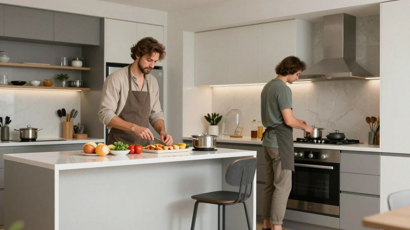 Zwei Personen arbeiten gemeinsam in einer modernen Küche.