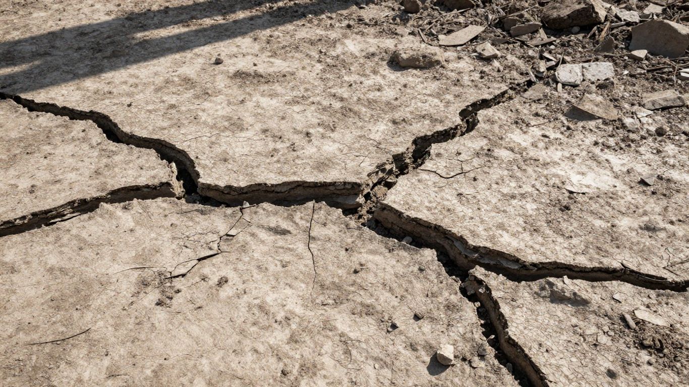 Cracked and uneven ground surface with fissures.