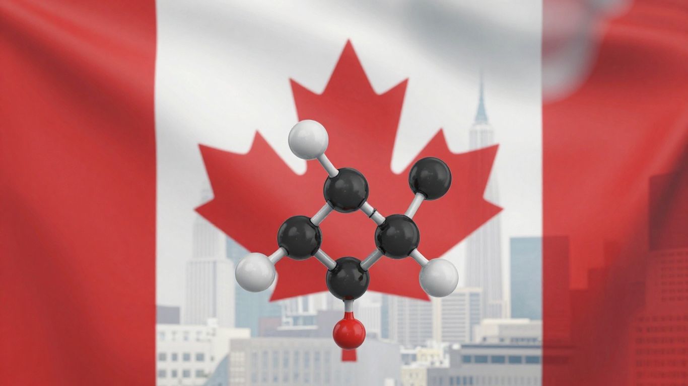 Canadian flag with molecular structure and cityscape