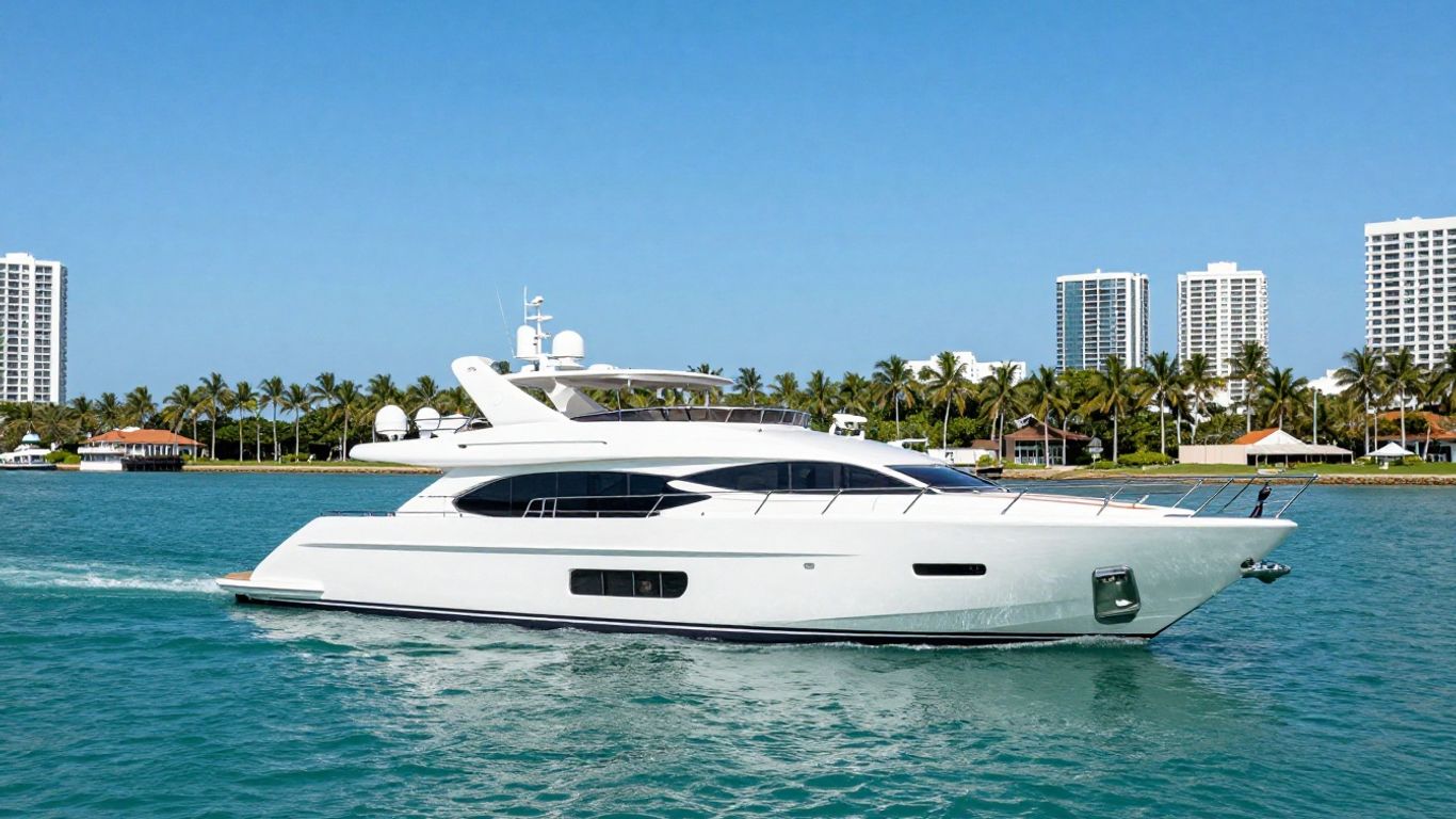 Luxury yacht sailing in Miami waters with city skyline.