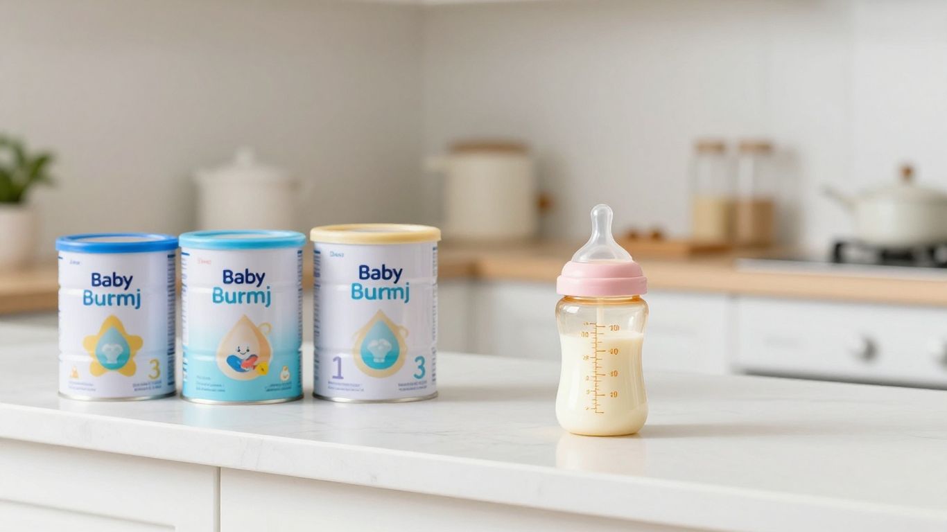 Latas de fórmula para bebés y biberón en una cocina.