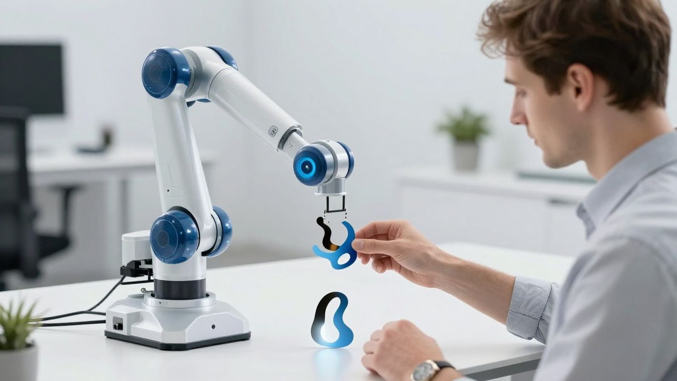 Roboterarm und Mensch arbeiten zusammen im Büro.
