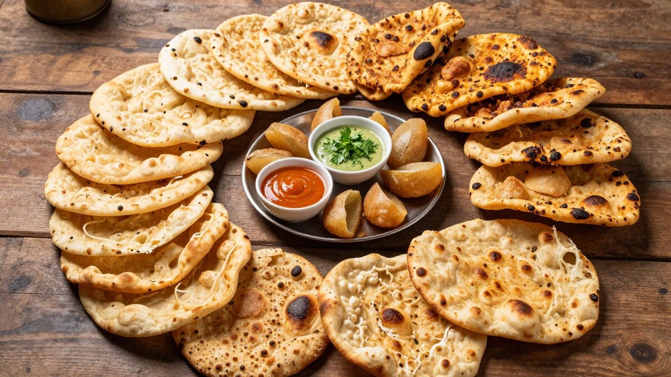 Assortment of Indian flatbreads on a wooden table.