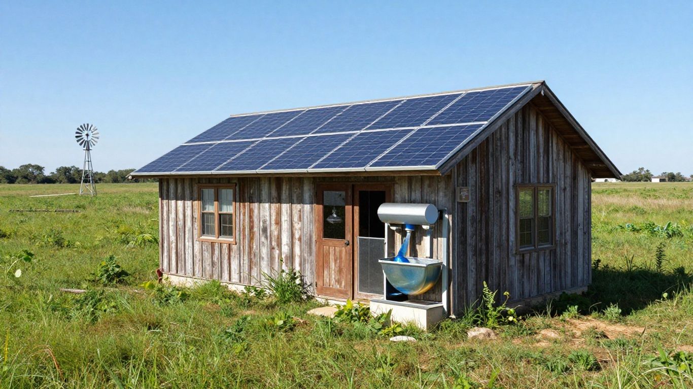 Off-grid Texas cabin with water harvesting system.