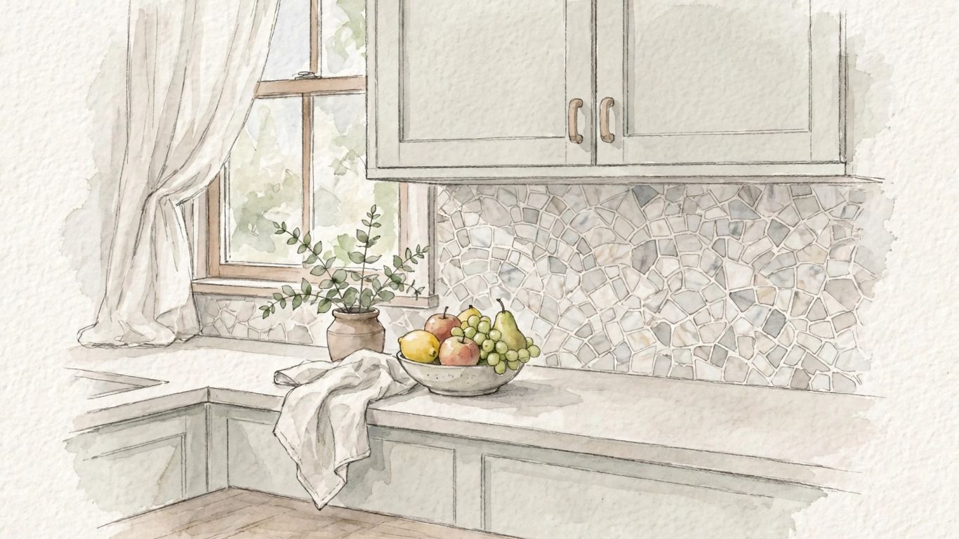 Illustrative sketch of a marble mosaic kitchen backsplash