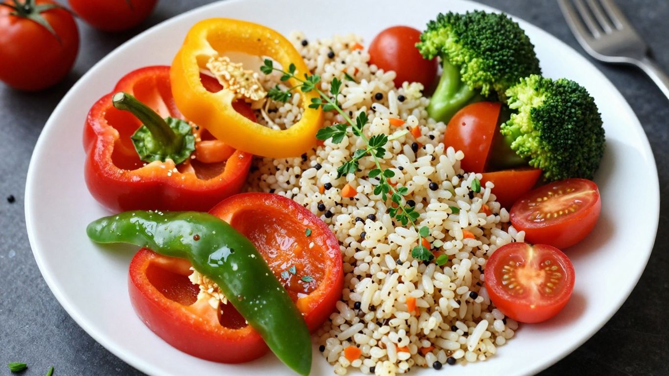 Colorful vegetarian dinner plate with fresh vegetables and grains.