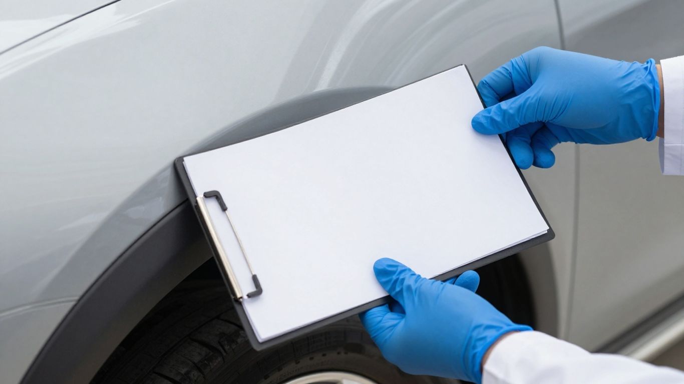 Hand prüft Autoschaden mit Klemmbrett