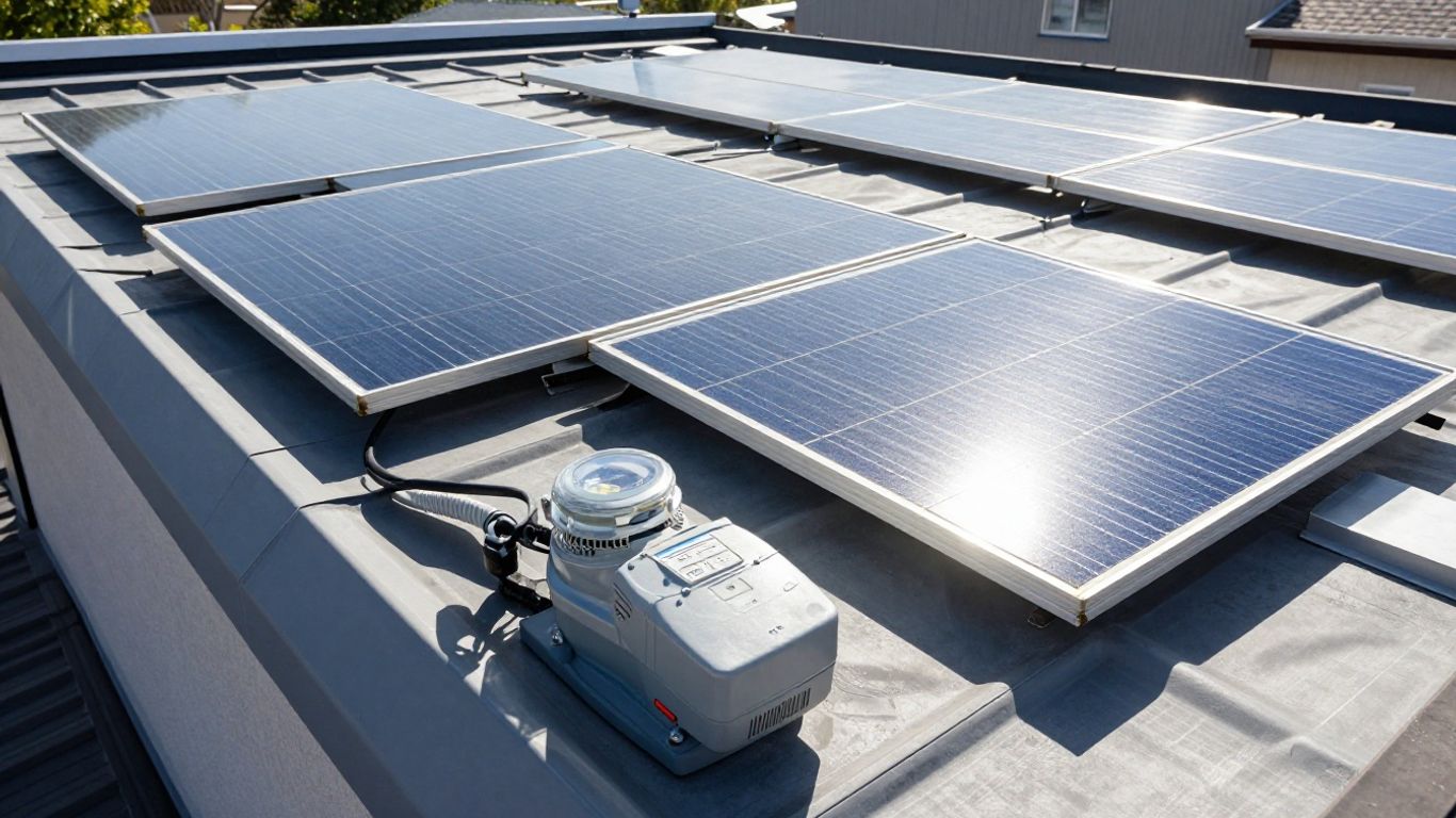 Panneaux solaires sur un toit avec un compteur électrique.
