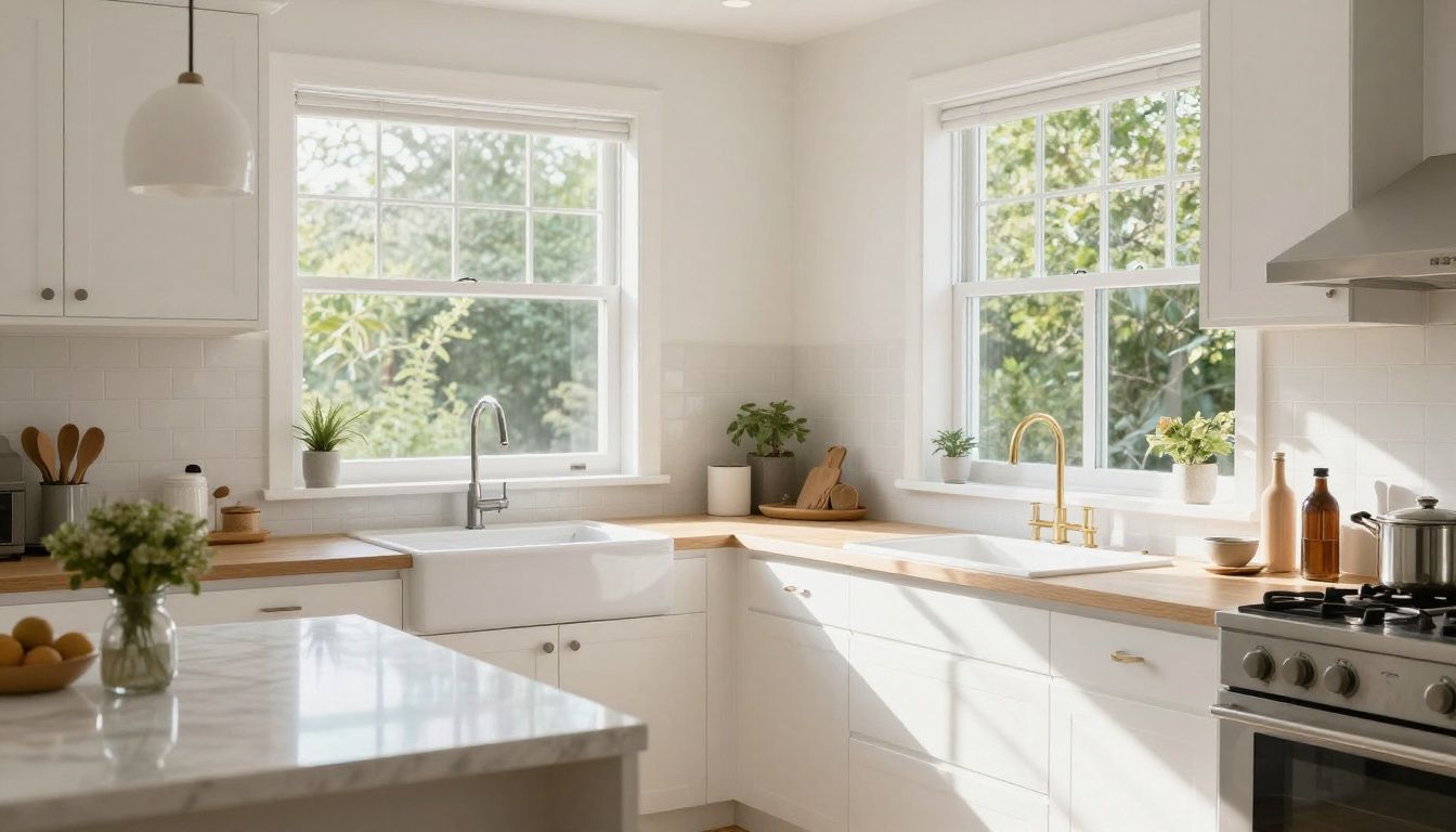 A sparkling clean, bright kitchen with natural sunlight streaming through the windows