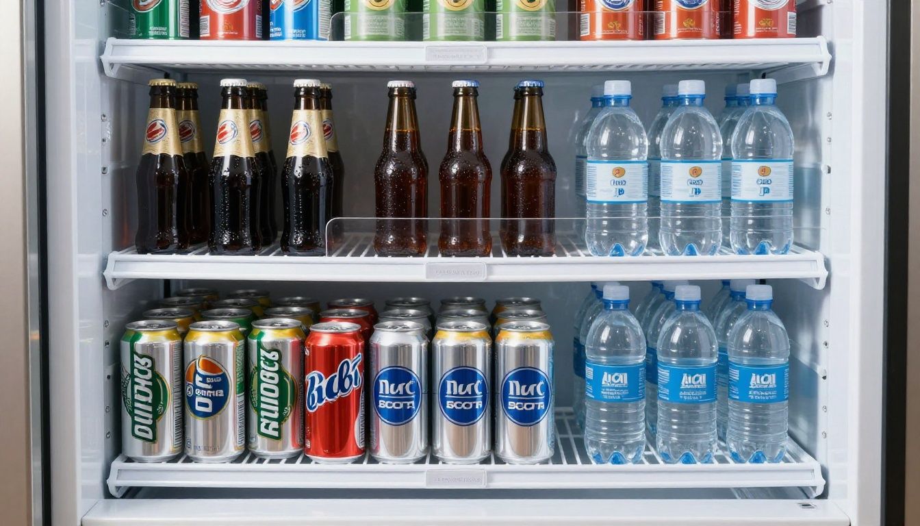 A commercial cooler with clear shelf dividers, one section for beer bottles, one for soda cans, and one for water bottles.