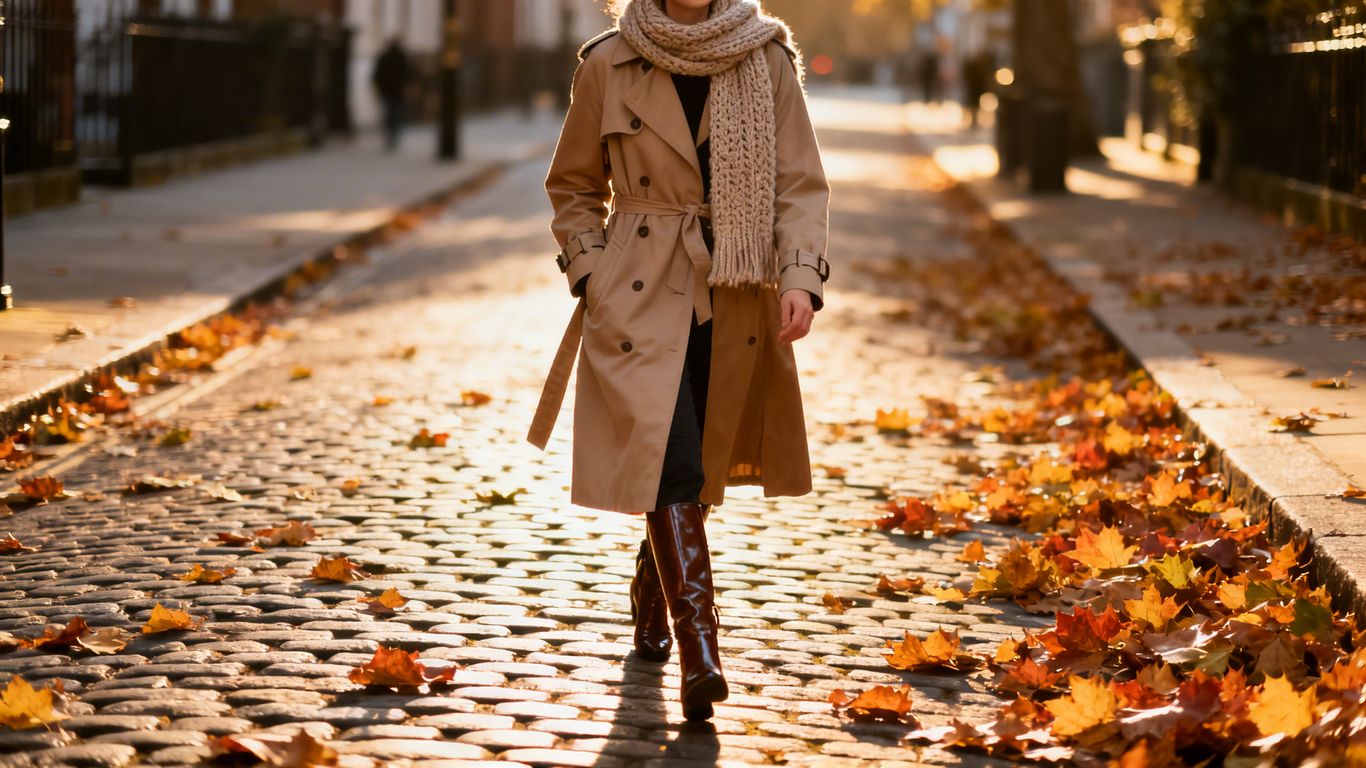 Londoner in autumn fashion on a leaf-strewn street.