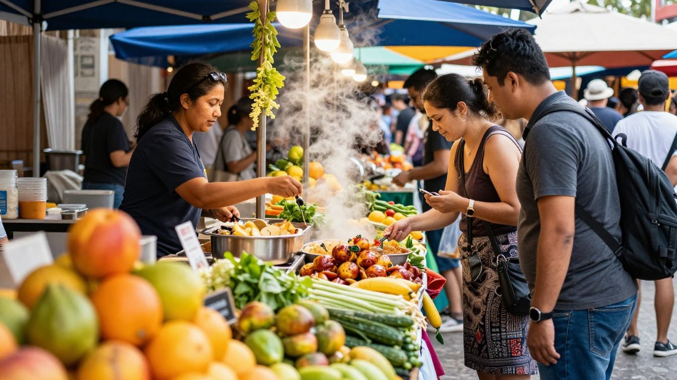 Gazebo food stall with fresh produce and happy customers.