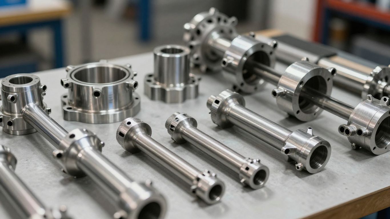 Ford engine parts in a workshop.