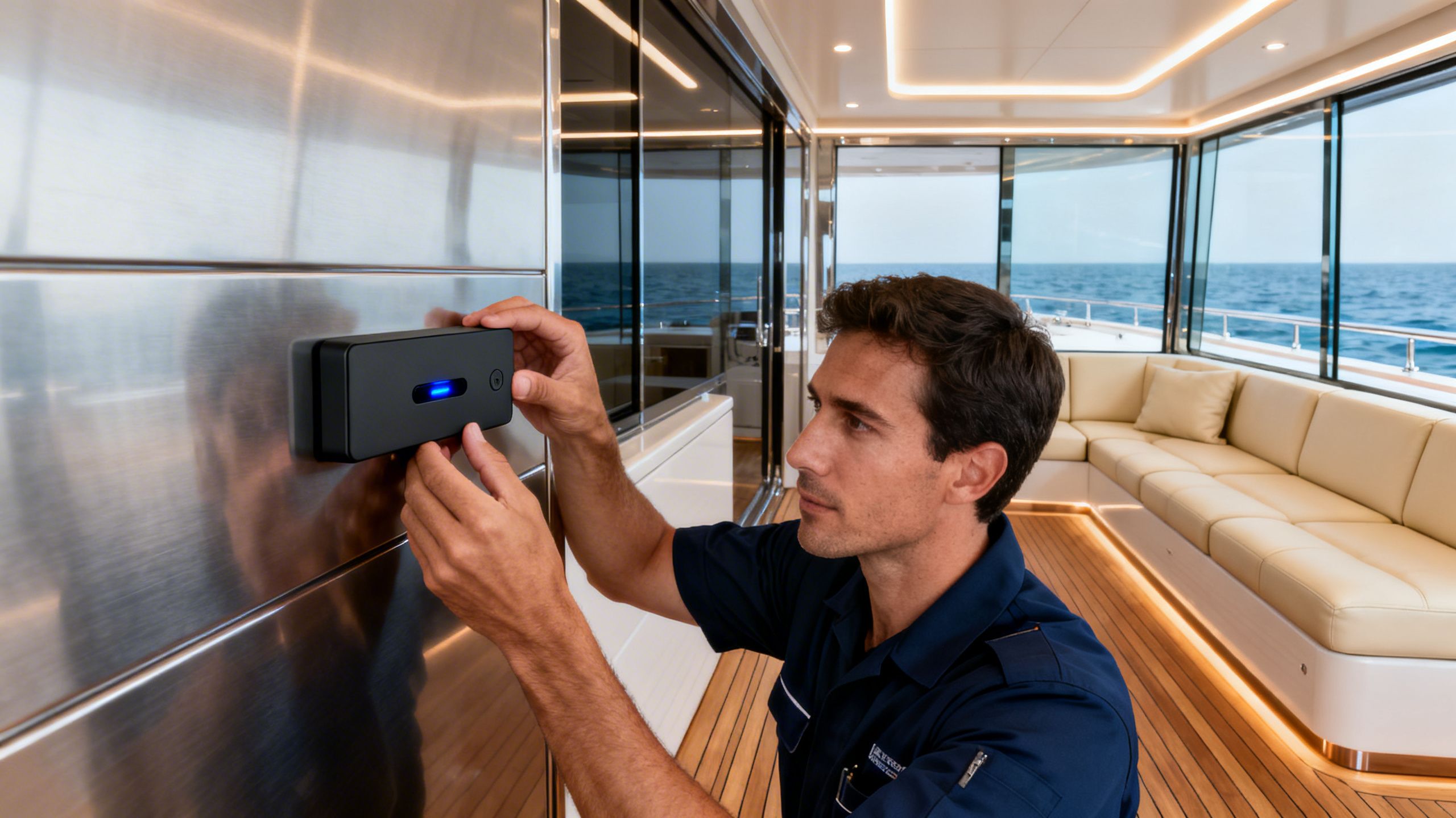 Yacht interior with technician installing security system.
