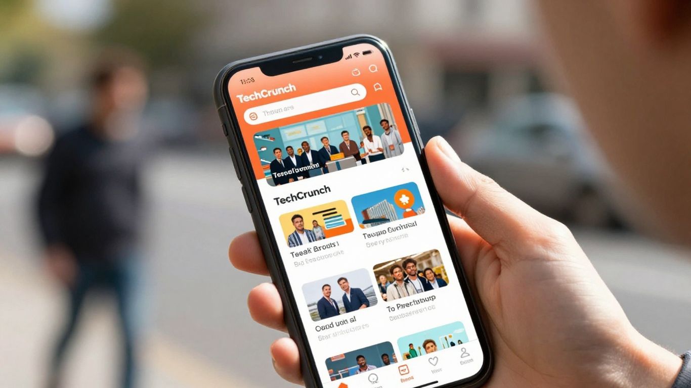 Person holding a smartphone with the TechCrunch app.