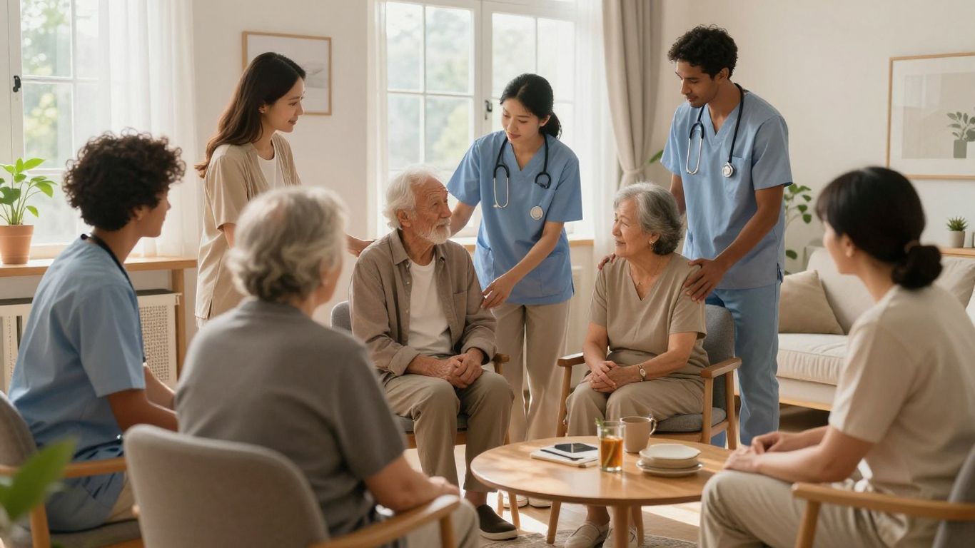Home care providers assisting seniors in a bright, modern home.