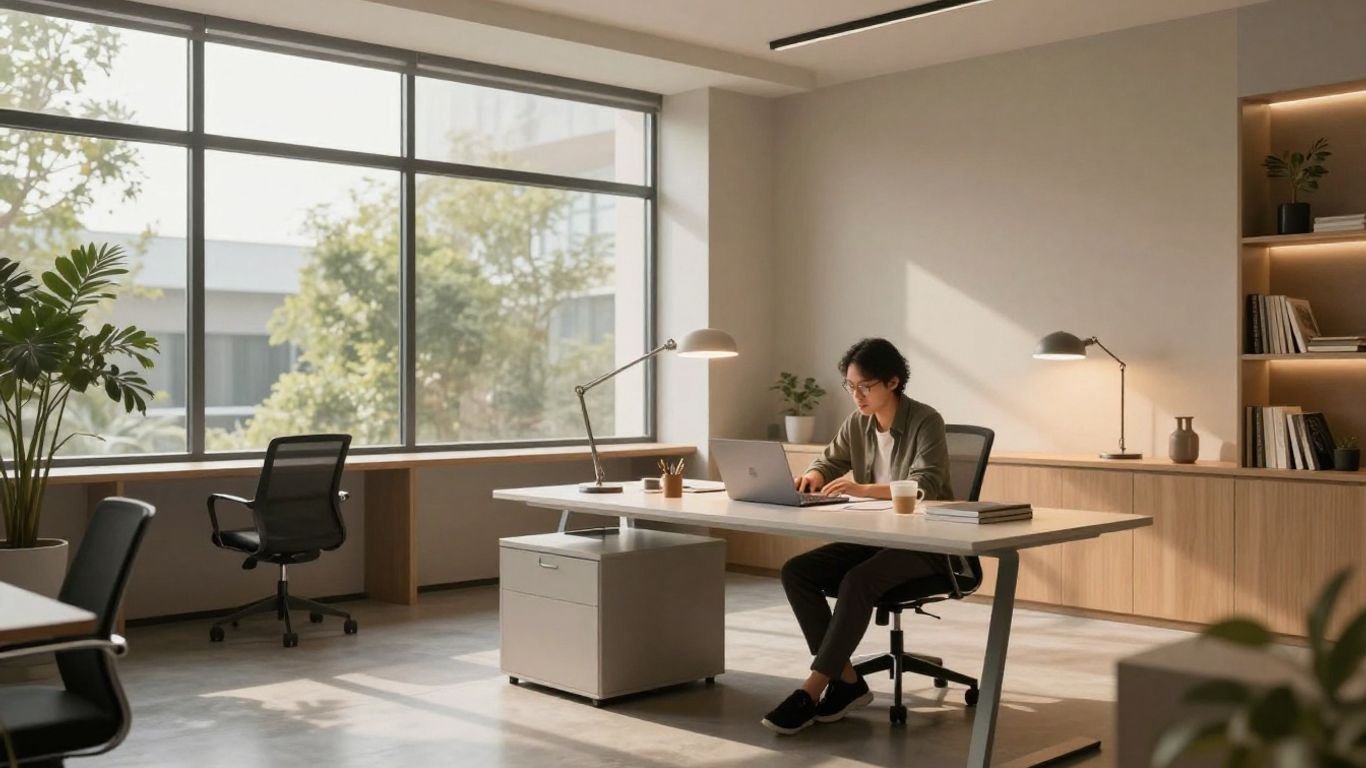 Büro mit hellem, natürlichem Licht und einer Person am Schreibtisch.