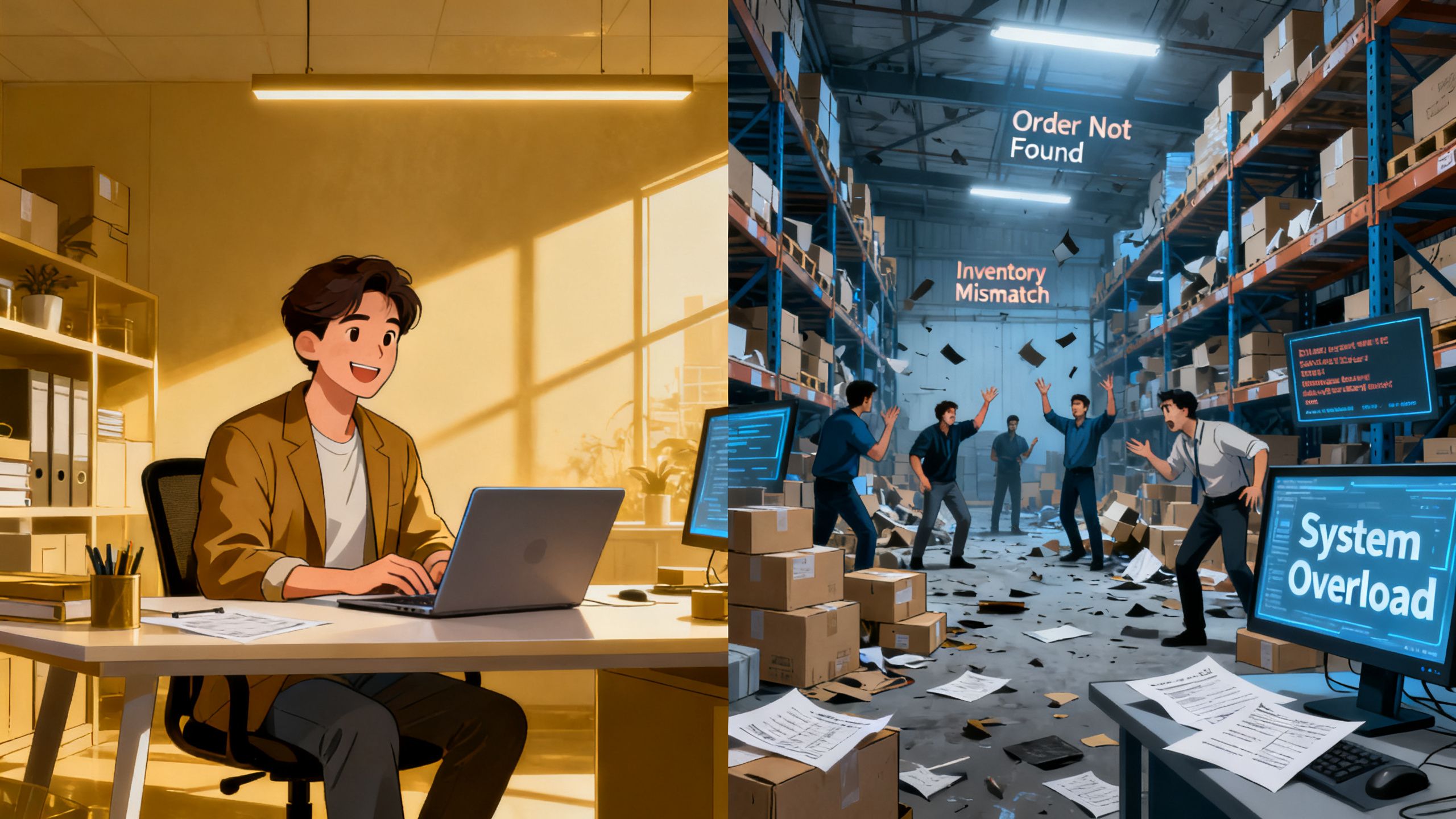 A split image showing a smiling eCommerce business owner on one side and a chaotic warehouse with error messages on the other, illustrating the dual nature of AI.