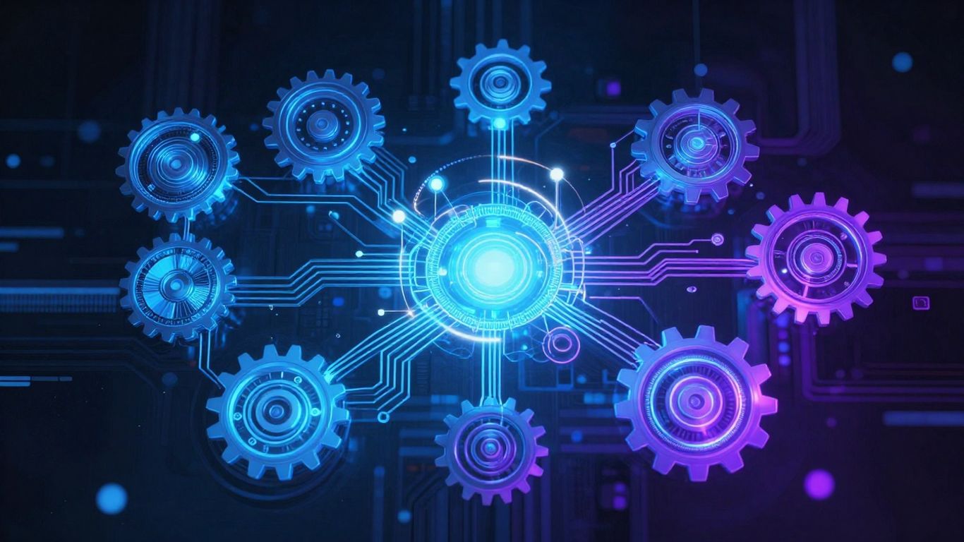 Interconnected digital circuits and glowing abstract technological elements.