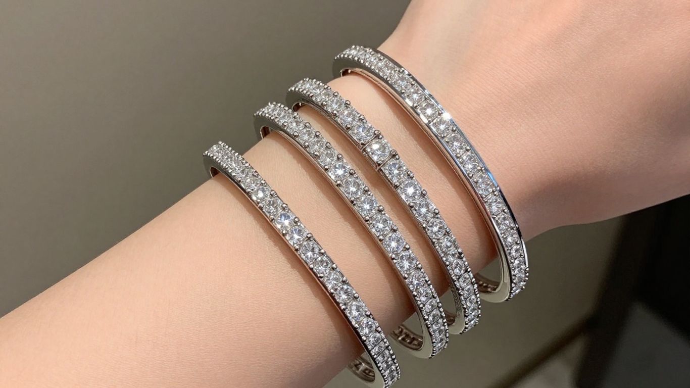 Diamond bangles on a woman's wrist