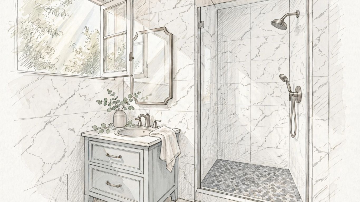 Marble surfaces in a bright bathroom