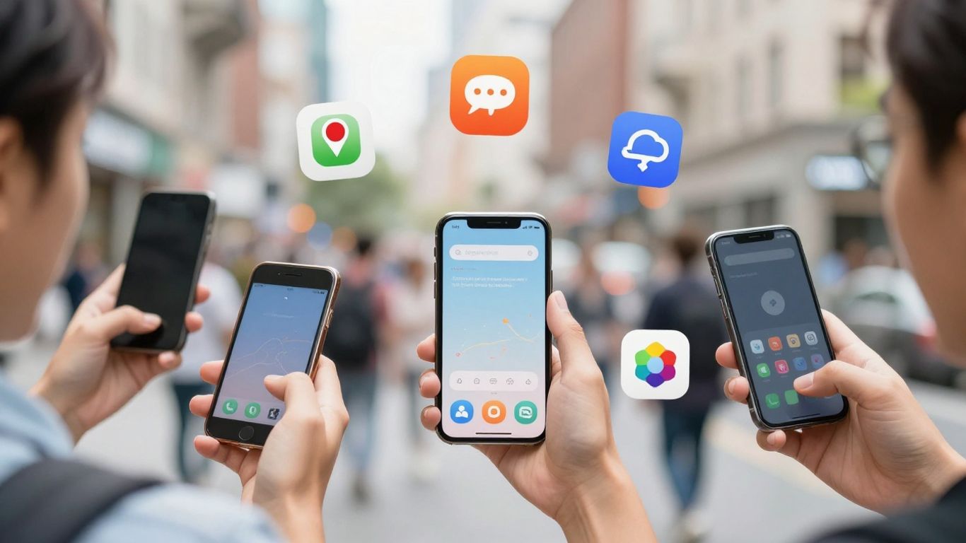 Pessoas usando smartphones com ícones de aplicativos flutuando.