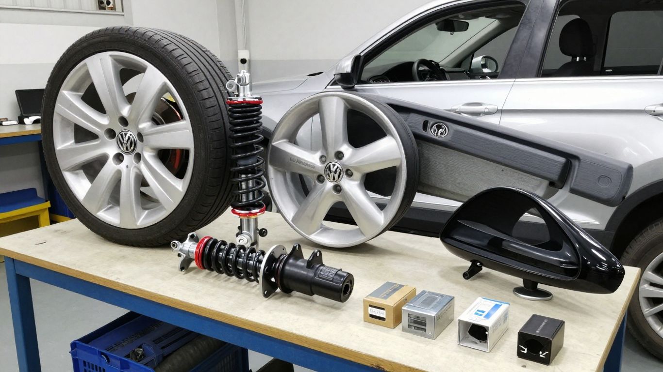 Used Volkswagen Tiguan parts arranged in workshop