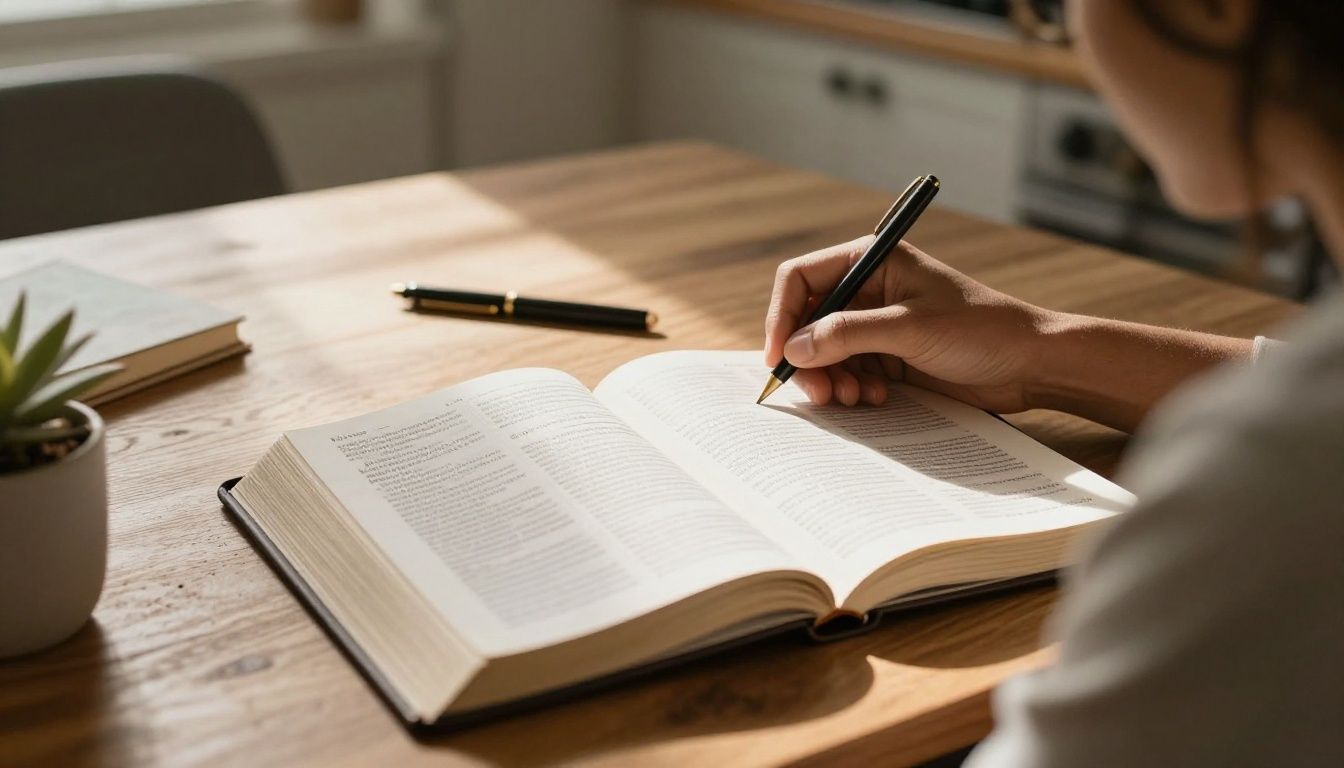 A diverse adult sitting at a sunlit kitchen table with an open Bible and journal, thoughtfully preparing to make a difficult life decision in a warm, peaceful home