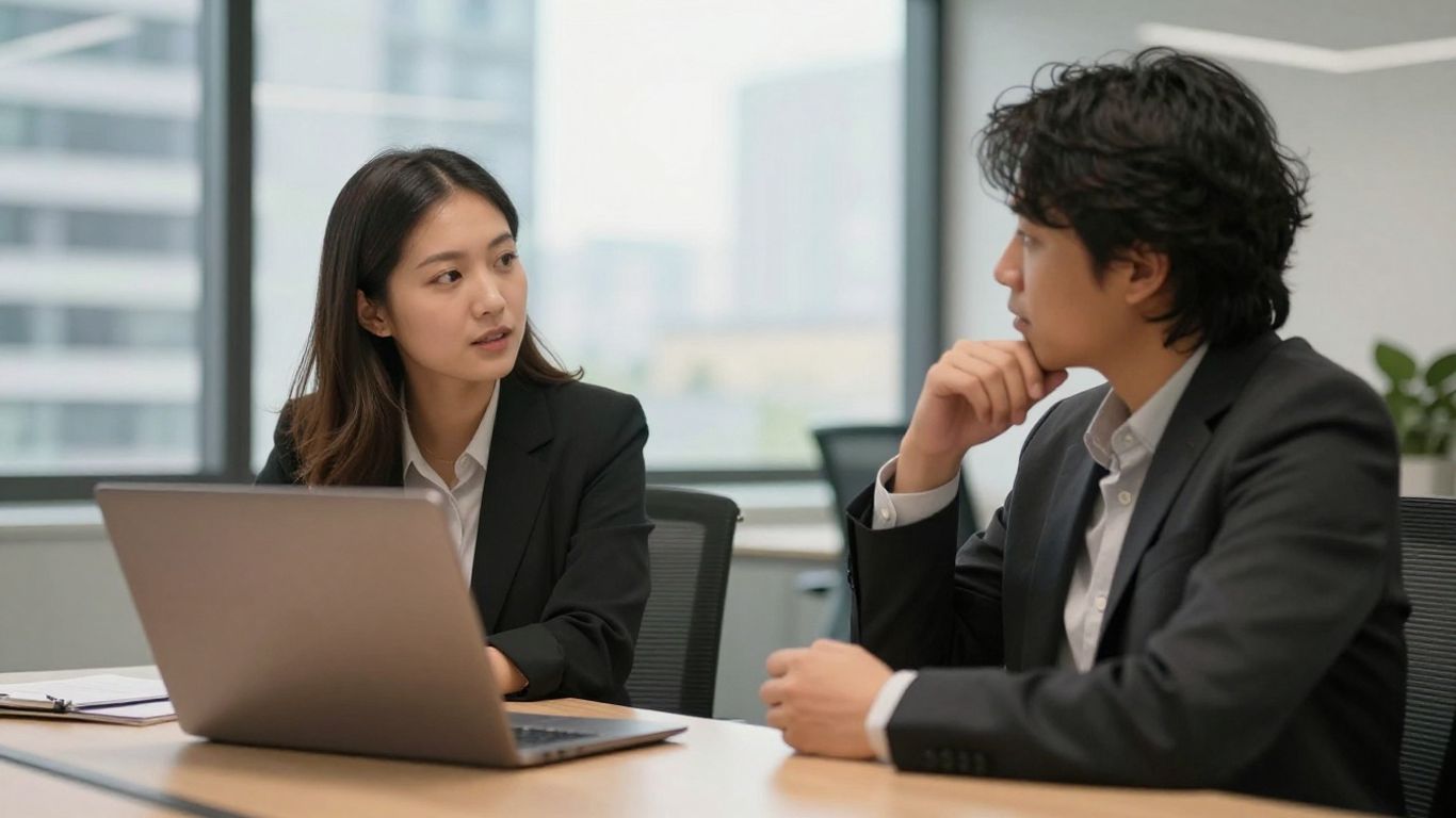 Professional coaching conversation in a modern office