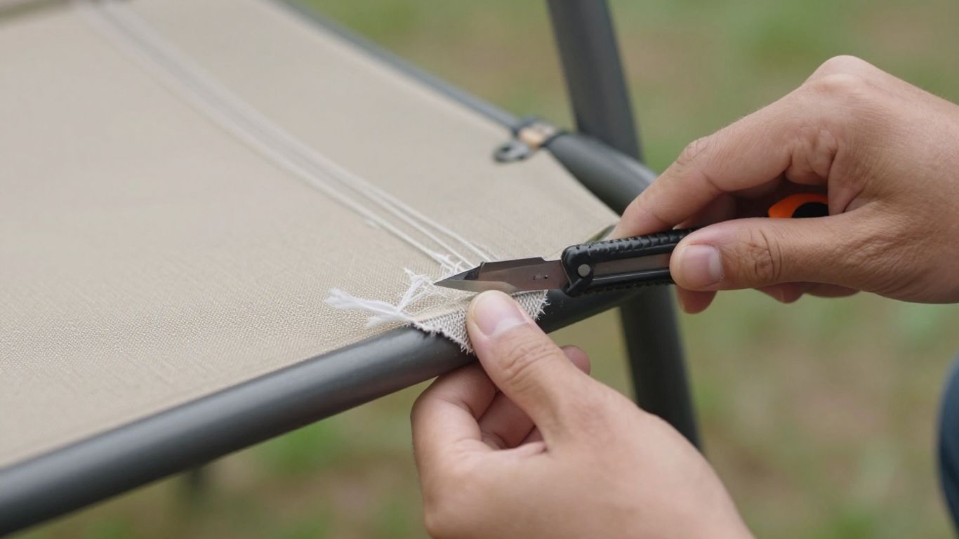 Hands removing old webbing from patio chair frame.