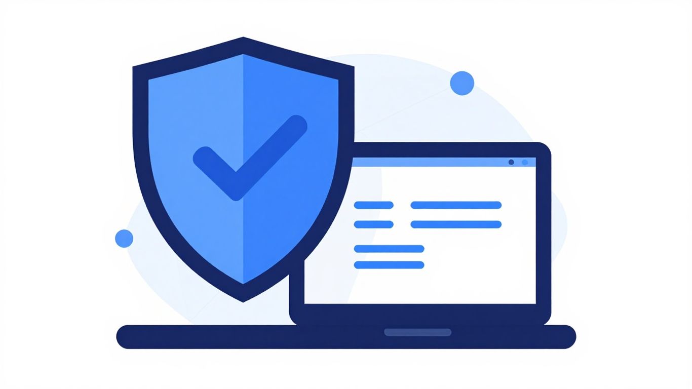 Modern shield and laptop graphic, network lines, blue colors