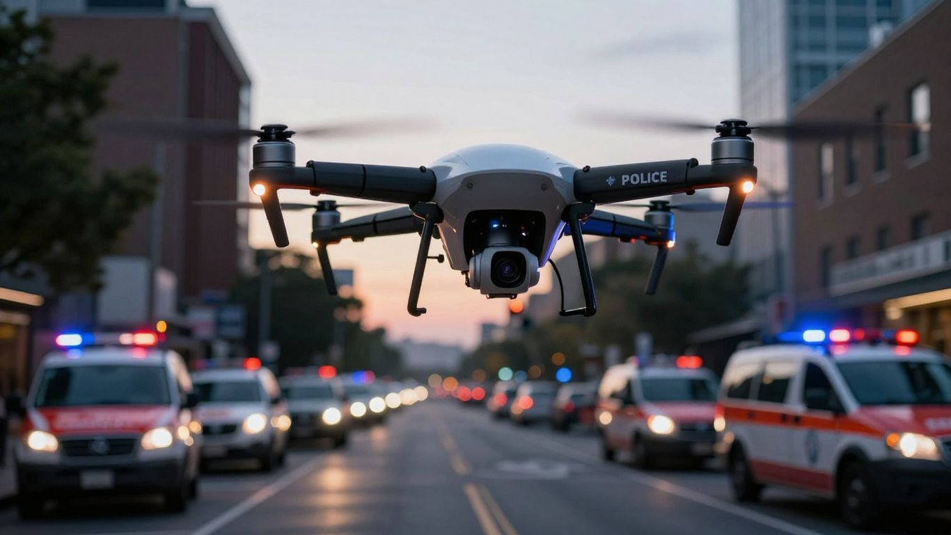 Police drone hovering over a city street at dusk.