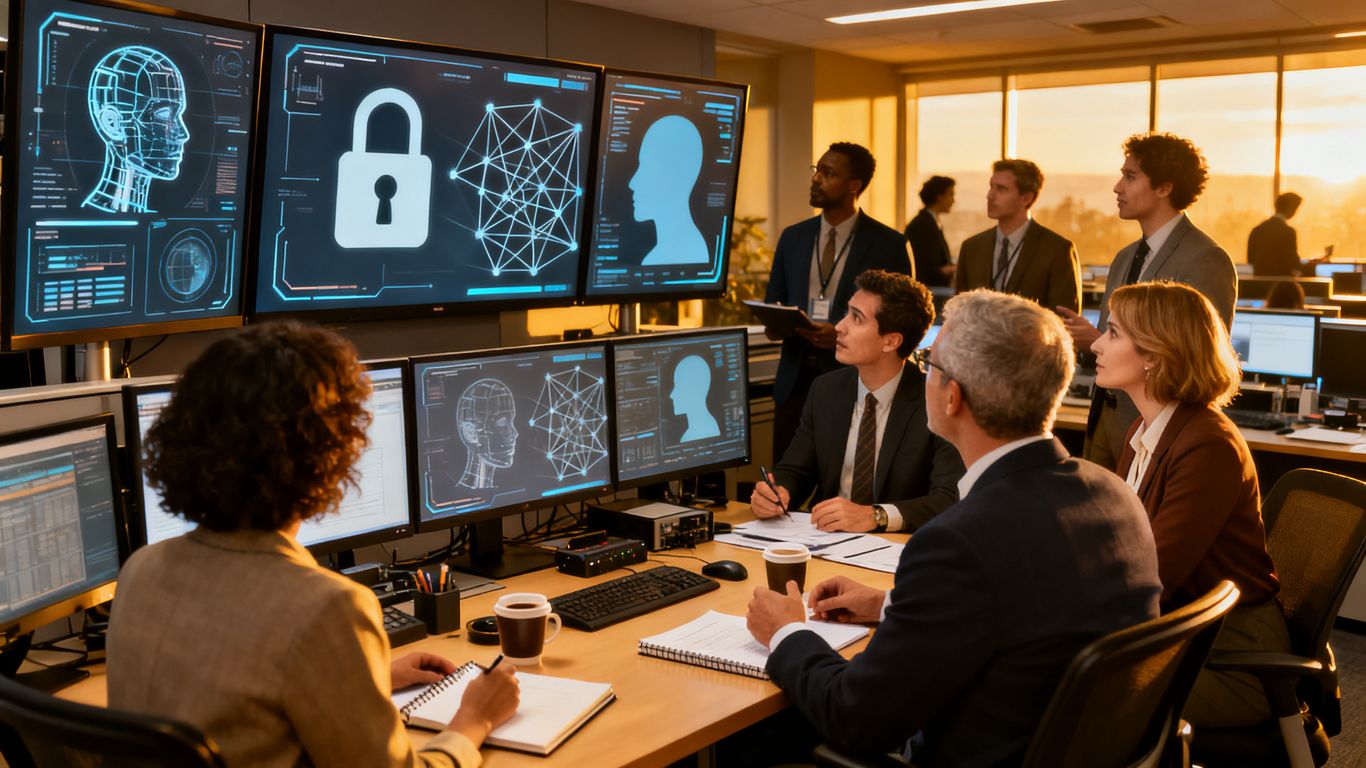 Editorial team reviewing AI risks on large screens